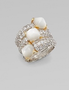 A statement piece with three mother-of-pearl sugarloafs set in white sapphire encrusted sterling silver with 18k gold accents. Mother-of-pearlWhite sapphireSterling silver18k goldWidth, about 1Imported