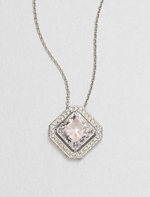 A distinctively faceted square of cubic zirconia is framed by shimmering pavé crystals in this lovely design on a silvery chain.Crystal and cubic zirconiaRhodium platingChain length, about 16Pendant, about ½ squareLobster claspImported