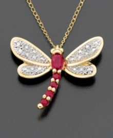 A chic butterfly pendant makes your style soar. Oval-cut and round-cut rubies (3/8 ct. t.w.) are set in 14k gold. Features sparkling diamond accents.