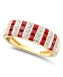 Enjoy ribbons of rouge on this stately and beautiful ring. Featuring round-cut diamonds (1/10 ct. t.w.) and princess-cut rubies (9/10 ct. t.w) set in 14k gold.