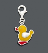 This fabulous duck charm will put the waddle back in your step. The perfect baby shower gift, charm features a yellow and orange duck with a cubic zirconia accent. Crafted in sterling silver. Lobster claw clasp. Approximate drop: 1/2 inch.