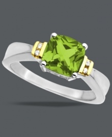 Pear perfection. Square-cut peridot (1-1/2 ct. t.w) and round-cut diamond side accents twinkle in this pretty sterling silver and 14k gold ring. Size 7.