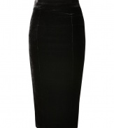 Finish your look on an impossibly feminine note with LWren Scotts jet black velvet pencil skirt - Hidden metal back zip, paneled construction, kick pleat - Exquisitely flattering figure-hugging fit - Pair with silk tops and platform pumps for a seamless transition from work to cocktails