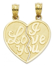 Share this special charm with a loved one. This unique break-apart heart charm features the words I Love You split down the middle. Crafted in 14k gold. Chain not included. Approximate length: 1 inch. Approximate width: 3/4 inch.