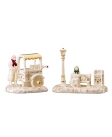 Give the bustling community of Mistletoe Park Village a place to rest and refuel with park bench and chestnut seller figurines. Crafted of beautiful ivory porcelain with gold and Christmas-color detail.