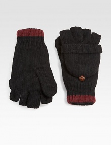 Knit flip-top mitten with leather button fastener.About 9 long70% wool/30% acrylicDry cleanImported