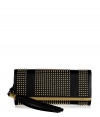 Edgy-cool goes ultra lavish with this stud and tassel detailed clutch from Emilio Pucci - Classic envelope shape, front flap with logo gold-tone hardware trim, studded panels, leather tassel - Style with a cocktail-ready frock and platform pumps