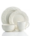 Raised florals, scrolls and lattice detail in the style of Fitz and Floyd's white dinnerware grace the Ricamo place settings with traditional charm. Pair with multicolored pieces to put your own spin on casual country dining.