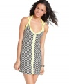 Gear-up for beach season in this hot frock from Four Stars! Strips of intense color add neon pop to a dress painted in chic, black-and-white stripes.