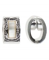 Monet delivers artistic beauty with these classic magnetic clip-on earrings with traditional engraved detail. In silver tone mixed metal and white mother-of-pearl. Approximate diameter: 3/8 inch.