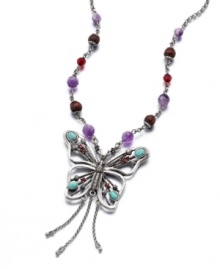 Add a flurry of beauty to any outfit with this colorful butterfly necklace. In silvertone mixed metal with semi-precious stone accents, by Lucky Brand. Approximate length: 23 inches with a 2-inch extender. Approximate drop: 3 inches.