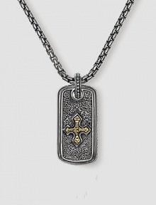 Handsomely textured sterling silver is offset with an 18k solid gold cross. Includes 26 silver chain ½W X 1H Made in USA