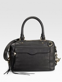 This structured shape in fine leather with subtle goldtone accents, will become a city girl classic.Double top handles, 6 drop Shoulder strap, 14 drop Top zip closure One outside flap and zip pocket Protective metal feet One inside zip pocket Three inside open pockets Cotton lining 13W X 9H X 7D Imported