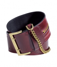 Cinch your look in ultra-luxe style with this chain-laden statement belt from McQ Alexander McQueen - Wide supple leather belt with gold-tone buckle, chain, and zip detail - Style with a diaphanous frock or over an oversized cardigan