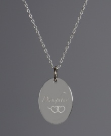 The perfect gift for mom or dad to give to their special girl. This oval-shaped pendant features the word Daughter engraved on the surface with a double heart decoration. Crafted in sterling silver. Approximate length: 18 inches. Approximate drop: 3/4 inch.