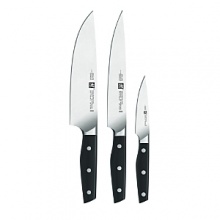 Designed exclusively by Matteo Thun, this gorgeous cutlery is precision forged from a single piece of ice-hardened stainless steel with a unique wedge-shaped blade that gives you optimum stability. The triple-riveted, full-tang handles have a dynamic design that fit neatly in your hand. Set includes: 4 paring/utility, 6 utility/sandwich and 8 chef's.