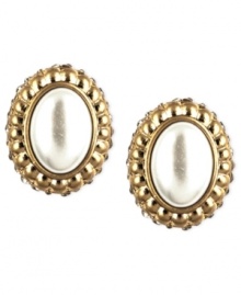 Fabulously framed, the glass pearls on these Jones New York button earrings are surrounded by shimmering accents. Crafted in worn gold tone mixed metal. Approximate diameter: 3/4 inch.