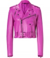 Make a stunning new season debut in Ralph Lauren Collections hyacinth pink lambskin biker jacket, an ultra contemporary take on one of this seasons must-have styles - Notched collar with snaps, long sleeves, zippered cuffs, snapped epaulettes, off-center front zip, zippered slit pockets, snapped flap pocket, belted waistline - Cropped, tailored fit - Wear over everything from jeans and tees to tailored sheath dresses and heels