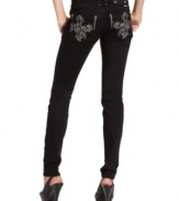 Glam embroidery and rhinestones add eye-catching appeal to these sleek & chic Miss Me black skinny jeans!