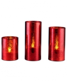 With a beautiful crackled glass construction and bright red hue, this trio of LED pillars makes your home more inviting this holiday season with a festive glow.