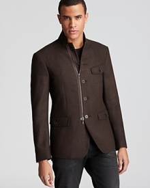 True to form, John Varvatos Star USA keeps your look fresh and innovative with this undeniably cool sport coat, rife with designer details like the asymmetrical zip front to maintain your modern edge.