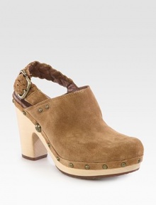 Studded suede staple with a wooden heel and platform, updated by an adjustable braided leather slingback for a secure fit. Wooden heel with suede insert, 4 (100mm)Wooden platform with suede insert, 1 (25mm)Compares to a 3 heel (75mm)Suede upperLeather liningRubber solePadded insoleImported