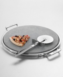 Transform your oven into an old-world brick hearth with the new Pizza Grilling Stone Set from All-Clad. The set comes complete with a round pizza stone, stainless serving tray and large pizza cutter. The baking stone traps and disperses heat evenly, helping to produce crisp crusts without burning or scorching. Perfect for baking flatbreads, pizzas and quesadillas. Lifetime warranty.