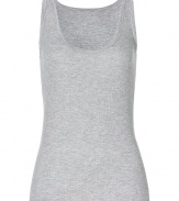 Stylish tank top in fine, light grey stretch rayon - very pleasant and summery light quality - with feminine, wide scoop neck and moderately wide straps - slim fitted - a dream basic, exactly what you need and are always looking for - wear alone or as a layering piece - goes with virtually everything, under a suit, with shorts or a pleated skirt