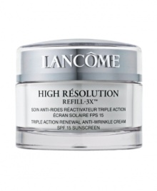 Triple Anti-Wrinkle Power! Boost Collagen, Hyaluronic Acid and Elastin. Reduce the Appearance of Wrinkles in Just One Hour!¹ NEW: High Résolution Refill-3X(tm) Triple Action Renewal Anti-Wrinkle Cream For the first time from Lancôme, an exclusive Refill-3X complex helps boost the synthesis of the three natural skin fillers – collagen, hyaluronic acid and elastin.2 Visible anti-wrinkle results:³ - Immediately, more than 81% of women see significantly softer, smoother skin. - In 4 weeks, wrinkles appear significantly reduced. 94% of women find their skin to be more hydrated, revealing a youthfully plumped appearance.