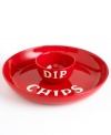 Snack with a side of fun. Tomato-red earthenware with white block letters gives this chip and dip set a cool, novelty feel. From Tabletops Unlimited's collection of serveware and serving dishes.