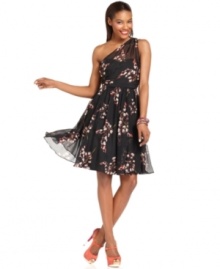 A pretty floral print lightens up this all-black, one-shoulder MM Couture chiffon dress for a look that's party perfect!