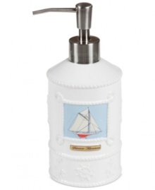 Set sail for uncharted bath decor with this nautical-themed soap and lotion dispenser from Creative Bath. Emblazoned with a seafaring schooner, this charming piece docks beautifully-powder rooms to bathrooms.