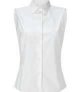 Work a sweet edge into your workwear staples with Jil Sander Navys cotton dotted daisy sleeveless shirt - Classic collar, sleeveless, button-down front, shirttail hemline, allover cut-out center dotted daisies - Tailored fit - Wear with a tailored blazer, full skirt and peep-toes