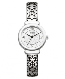 Inspired by romance. Watch by Caravelle by Bulova crafted of antique patterned silver tone mixed metal bracelet and round case. White dial with patterned inner dial features numerals at twelve, three, six and nine o'clock, stick indices, three hands and logo. Quartz movement. Water resistant to 30 meters. Two-year limited warranty.