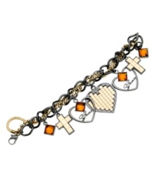 Stylish symbols. Cross and heart emblems embellish this chic charm bracelet from GUESS. Featuring topaz-hued glass accents and mirror plating, it's crafted in gold tone and hematite tone mixed metal. Approximate length: 7-1/2 inches.