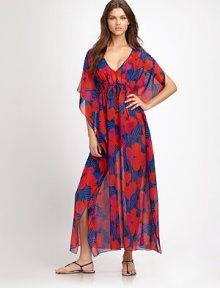 In living color, an airy, maxi dress with feminine, flutter sleeves and flattering, drawstring ties.Deep v-necklineSplit, flutter sleevesDrawstring Empire waistEngraved cord endsSilkDry cleanImported