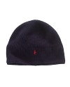 A cotton skull hat is perfect for colder days with a fleece-lined brim and accented with an embroidered pony.