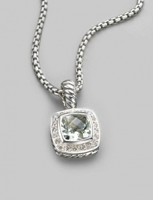 From the Petite Albion Cushion Collection. A softly hued, richly faceted prasiolite, surrounded by pavé diamonds on a chain of sterling silver. Diamonds, 0.20 tcw Prasiolite Sterling silver Chain length, about 17 Pendant width, about ¼ Lobster clasp Imported