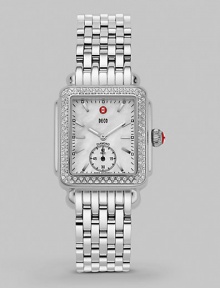 From the Deco Collection. Mother of pearl dial and diamond accents make this elegant time piece a true style statement.Swiss quartz movement Water resistant to 5 ATM Diamond pavé bezel, 0.49 tcw Rectangular stainless steel case, 30mm, (1.18) Mother of pearl dial Second sub-dial Index hour markers Stainless steel link bracelet Imported 