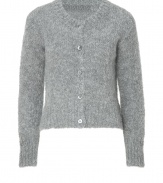 This classic knit cardigan is a closet must-have all year - Light grey mohair-blend is soft and warm - Features a traditional round neckline, long sleeves, button placket and ribbing details at neck, cuffs and waist - Classy and comfortable - Wear with everything from basic jeans and tees, to pencil skirts and blouses