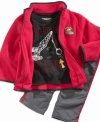 Trucking through school will be a breeze in this adorable set by Kids Headquarters featuring a fleece jacket, sporty pants, and a bulldozer graphic tee.