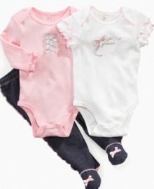 Primp your princess in frills with this sweet bodysuits and footed pant set from Guess.