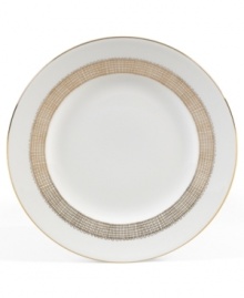 Like fine mesh ribbons, a crisscross of gold bands with platinum accents create this delightfully rustic dinnerware pattern. A beautiful way to bring homespun charm to formal events or exquisite style to every meal.