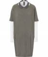 Ultra modern and incredibly chic, Brunello Cucinellis layered cashmere shirt/dress is an exquisitely contemporary take on polished daytime attire - Grey heather stretch jersey shirt with rounded charcoal heather collar, jeweled trim, long sleeves, buttoned key-hold cut-out at nape, snaps into dress - Olive heather cashmere T-shirt dress with rounded neckline, short sleeves, paneled seaming - Form-fitting shirt, easy straight fit dress - Team with flawless pumps and matte metal accessories