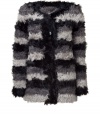 Make an ultra luxe sartorial splash in DKNYs textural shearling tonal grey striped jacket - Collarless, hidden buttoned front, long sleeves, fitted - Pair with jeans and boots for day, or try with tailored sheaths and platform boots for chic cocktails