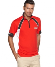 Accelerate your race-day look in this bold and stylish mock-neck shirt from Izod for Indy 500.