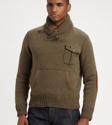 Applied leather elbow patches and ample utility pockets at the chest and hips accent a soft cotton cardigan for a handsome mix of style and storage.Shawl collarChest flap pocketWaist kangaroo pocketsRibbed knit collar, cuffs and hemCottonDry cleanImported