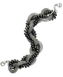 Twists worth shouting over. Alfani's alluring bracelet combines woven silver tone mesh chains and hematite beads for an intriguing look. Set in imitation rhodium mixed metal. Approximate length: 8 inches + 1-inch extender.