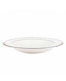 Sturdy bone china draped in a delicate platinum garland makes the Iced Pirouette rim soup bowl by Lenox a flawless go-to for formal dining. Qualifies for Rebate