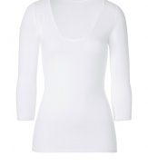 Stylish T-shirt in white stretch rayon - very soft and pleasant quality - low V-neck - sleeves in discreet 3/4 length, ideal for women who dont like to reveal their arms or wear the top at the office - slim and slightly waist fitted - new basic - feminine and comfortable alternative for a blouse - wear with a pant suit, pleated skirt, cardigan